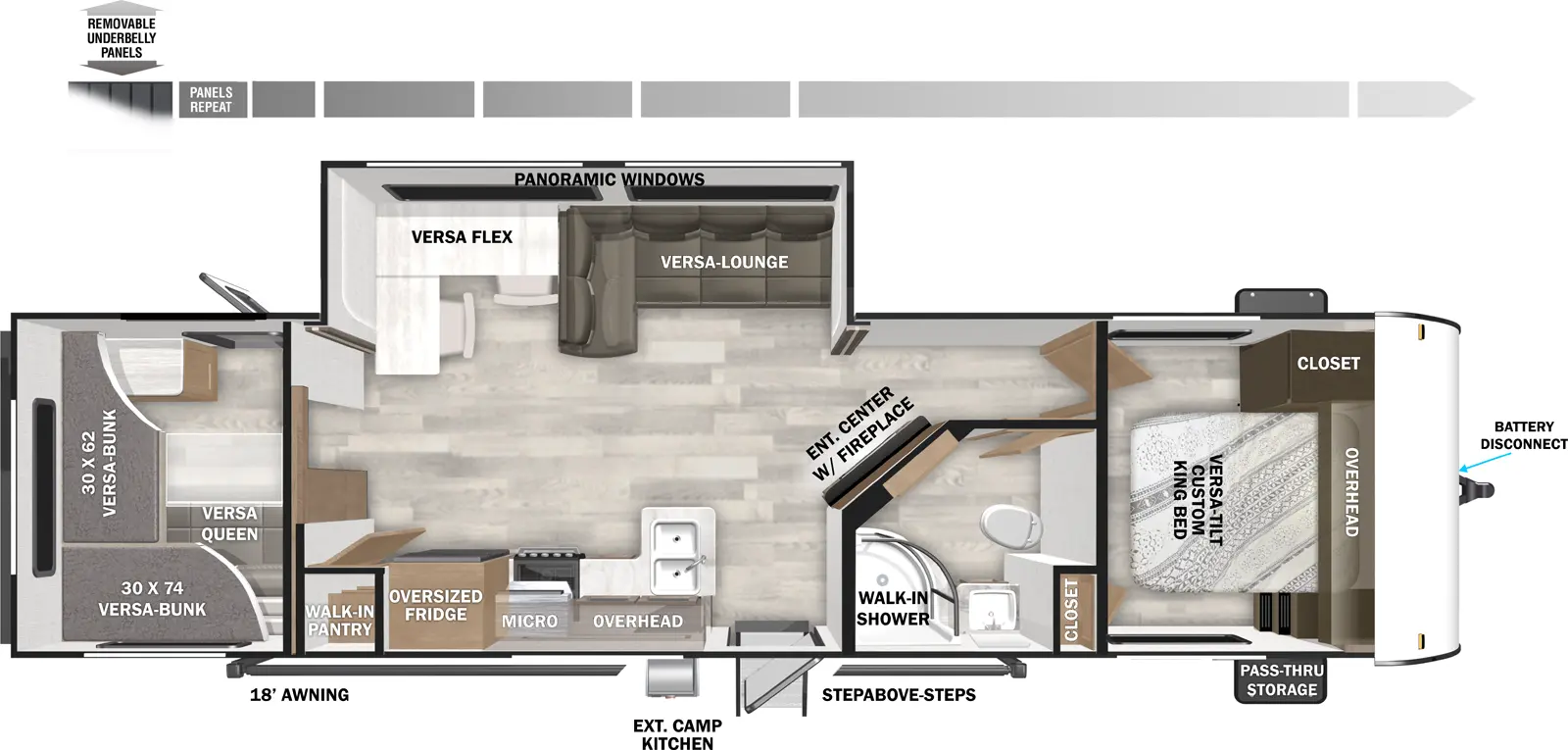 The Salem 29VBUD has one entry and one slide out. Exterior features include: metal or fiberglass exterior, 18' awning and outside kitchen. Interiors features include: bunk beds and front bedroom.